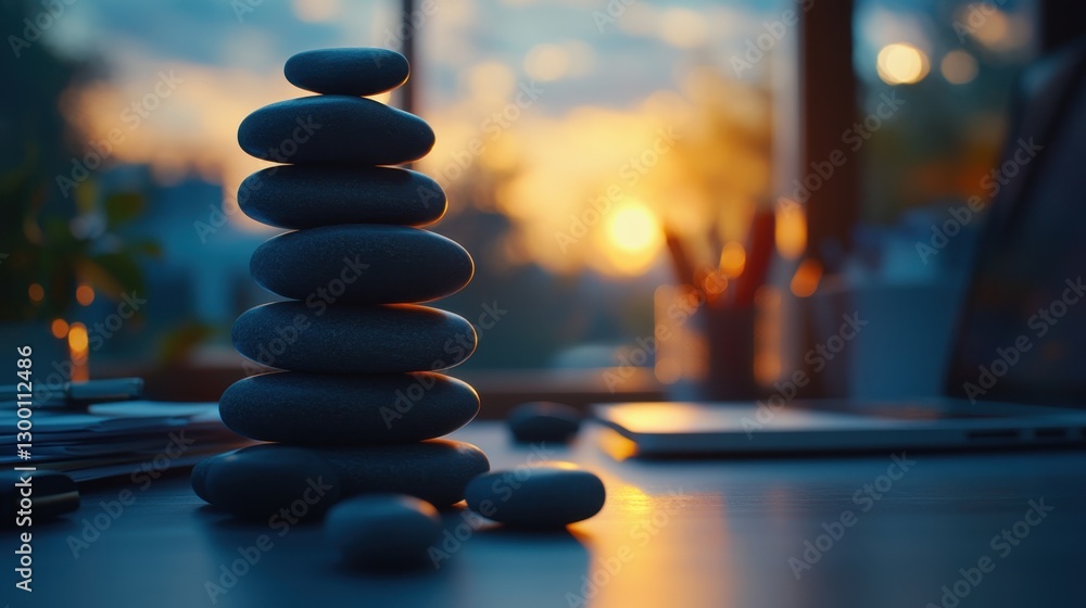 Obraz premium Zen stones towered by glowing lamp cozy room photography calm environment close-up view serenity concept