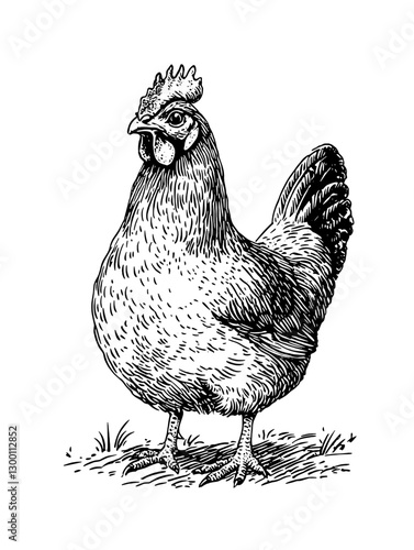 Detailed black and white illustration of a hen standing on green grass in a rural environment