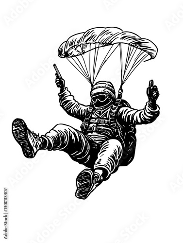 Skydiver performing a thrilling jump in midair with parachute deployed above a vast landscape
