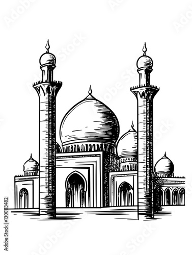 Intricate sketch of a historical mosque showcasing stunning architecture and design details at dusk