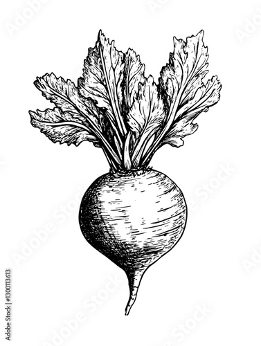 Freshly harvested turnip with leafy greens growing from the top in a simple black and white drawing style