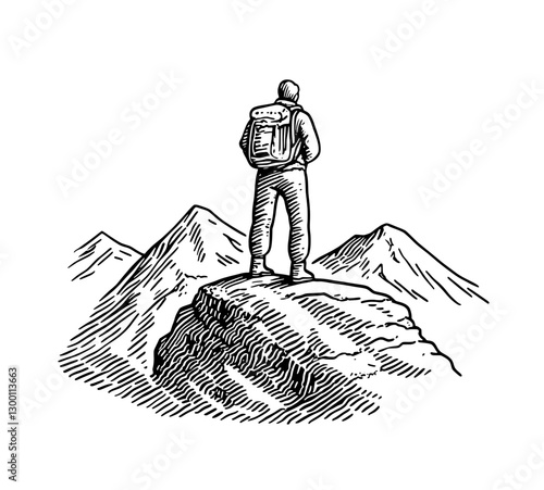 Hiker stands on rocky summit overlooking mountain range under clear sky during daylight hours