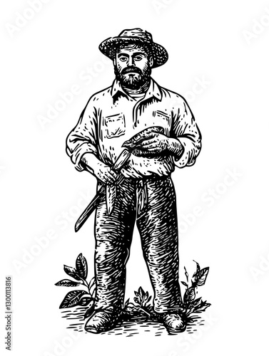 Farmer standing in a field with a tool in hand, showcasing agricultural life from a historical perspective