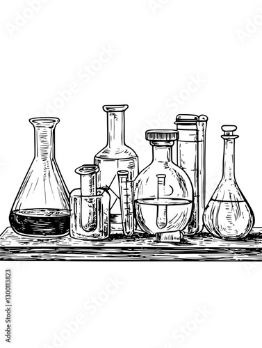 Various laboratory glassware arranged on a workbench showcasing scientific experimentation and analysis