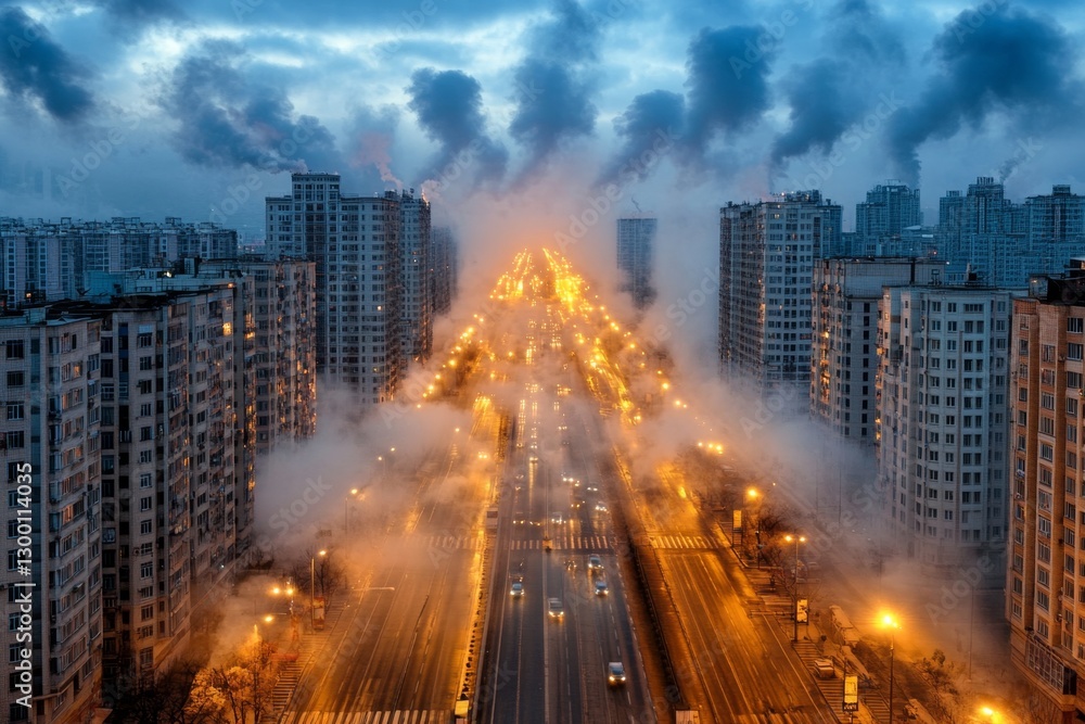 Obraz premium A night scene of a metropolis glowing with streetlights, yet covered in nitrogen oxide smog