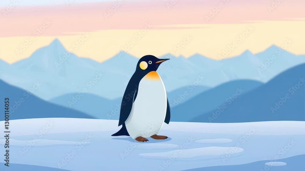 Fototapeta premium Stylized Penguin Vector Illustration with Pastel Colors on a Frozen Landscape