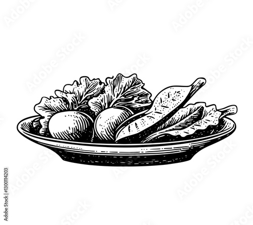 Fresh vegetables on a plate featuring lettuce, radishes, and herbs displayed invitingly