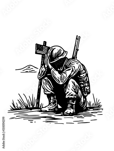 Soldier mourning at a memorial site during a quiet moment of reflection