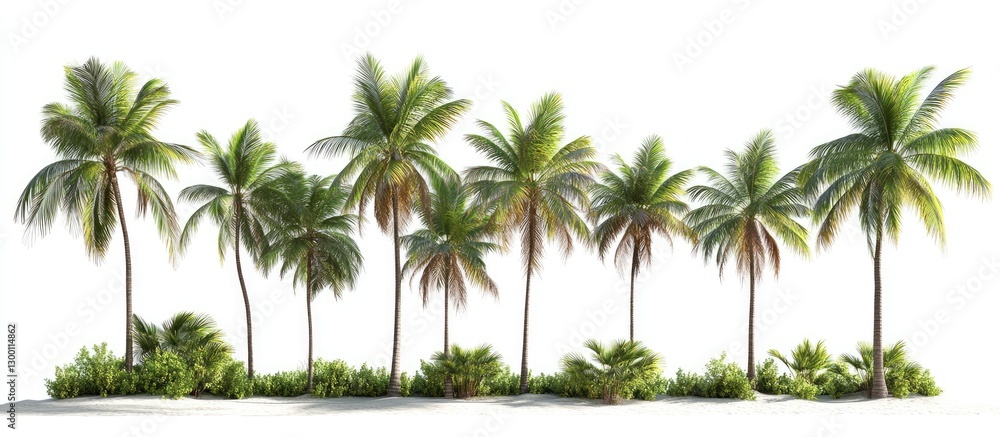 Lush green palm trees arranged in a row against a white background with varying heights and textures, ideal for professional design projects. Lush green palm trees arranged in a row against a white background with varying heights and textures, ideal for professional design projects.