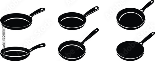 Frying Pan icon set.cooking kitchen, skillet cook, black iron pot frying pan vector illustration.Skillet for frying, cooking pancakes. Kitchen utensil in flat vector illustration.