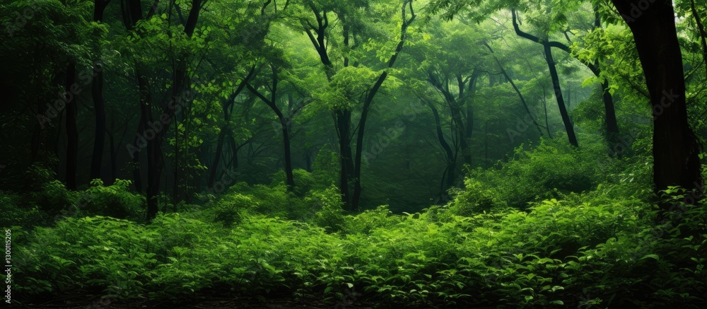 Lush green forest filled with dense wild plants and vibrant foliage, creating a serene and tranquil scene with ample copy space on the right. Lush green forest filled with dense wild plants and vibrant foliage, creating a serene and tranquil scene with ample copy space on the right.