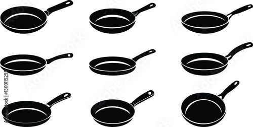 Frying Pan icon set.cooking kitchen, skillet cook, black iron pot frying pan vector illustration.Skillet for frying, cooking pancakes. Kitchen utensil in flat vector illustration.