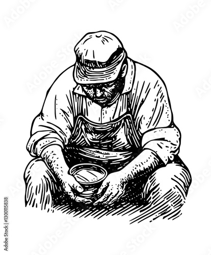 Man sitting with a bowl, lost in thought in a rustic environment during late afternoon