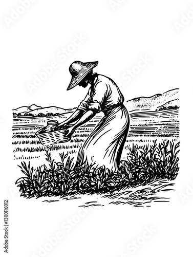 Woman harvesting crops in a vast agricultural field during the day