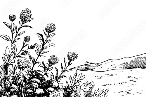 Vibrant wildflowers blooming in a serene landscape during the early morning hours in a rural area