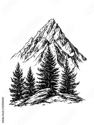 Majestic mountains tower over evergreen trees in a serene natural landscape during sunset hours