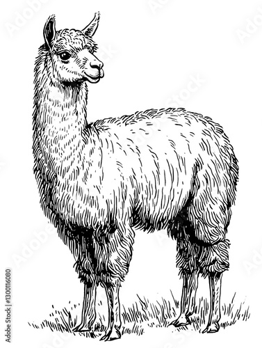 Detailed illustration of a llama standing on green grass in a rural setting during the daytime