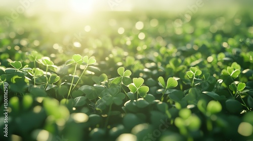 A serene, sunlit scene featuring several bright green shamrock leaves emerging from a bed of clover, with a soft, diffused light creating a dreamy, ethereal atmosphere.