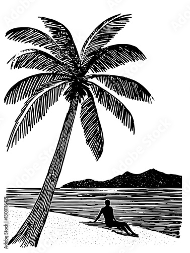 Relaxing under a palm tree by the beach with mountains in the background at sunset