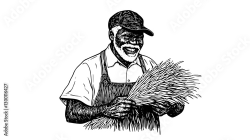 Joyful farmer holding freshly harvested wheat during a sunny day in a rural field