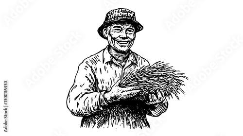 Farmer harvesting wheat and smiling in traditional attire on a sunny day in the countryside