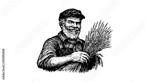 Smiling farmer holding harvested wheat in rural setting during harvest season