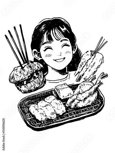 Enjoying delicious skewered food with a joyful smile in a lively outdoor setting