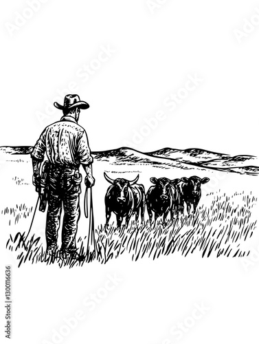 Cattle herder guiding four cows through a grassy field under a clear sky