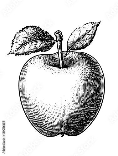 Detailed sketch of a single apple with leaves showcasing texture and form in classic style