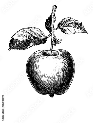 Vintage botanical illustration of an apple with leaves showcasing its detailed texture and form