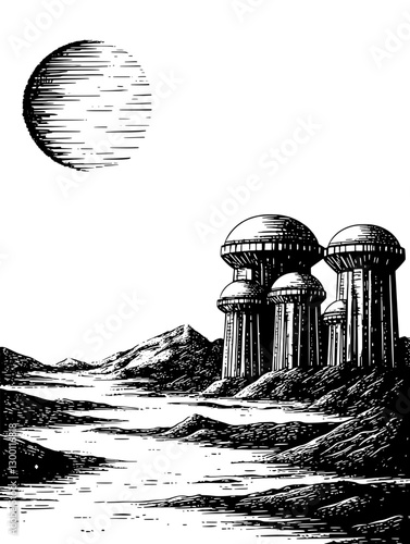 Depiction of futuristic structures on an alien landscape under a distant sun