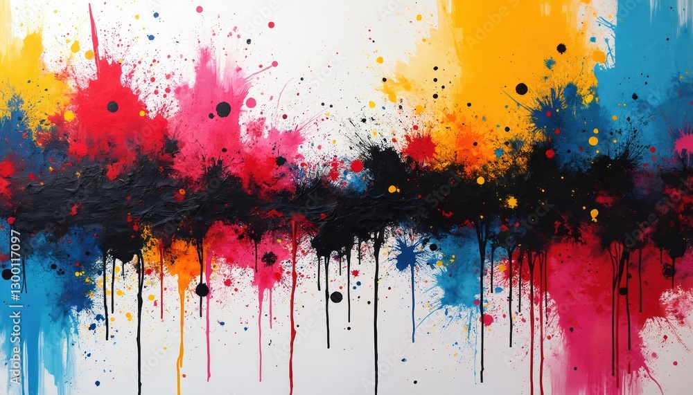 Fototapeta premium Abstract art. Colorful background. Red, yellow, blue, pink paint splashing with black texture brush strokes. Creative decorative design element on white canvas. Graphic resource for modern, bright,