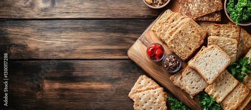 Organic rusks and crispbreads arranged on a wooden board topped with fresh greens and garnishes in warm brown tones showcasing a rustic setting photo