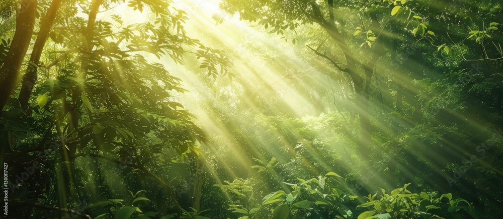 Sunlight beams through lush green foliage in a tranquil forest scene creating a serene ambiance with ample copy space on the right side. Sunlight beams through lush green foliage in a tranquil forest scene creating a serene ambiance with ample copy space on the right side.