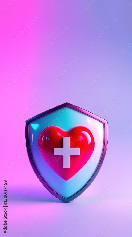 3D heart bearing medical cross on shield over gradient backdrop, symbolizing protection and dedication in healthcare services 3D heart bearing medical cross on shield over gradient backdrop, symbolizing protection and dedication in healthcare services