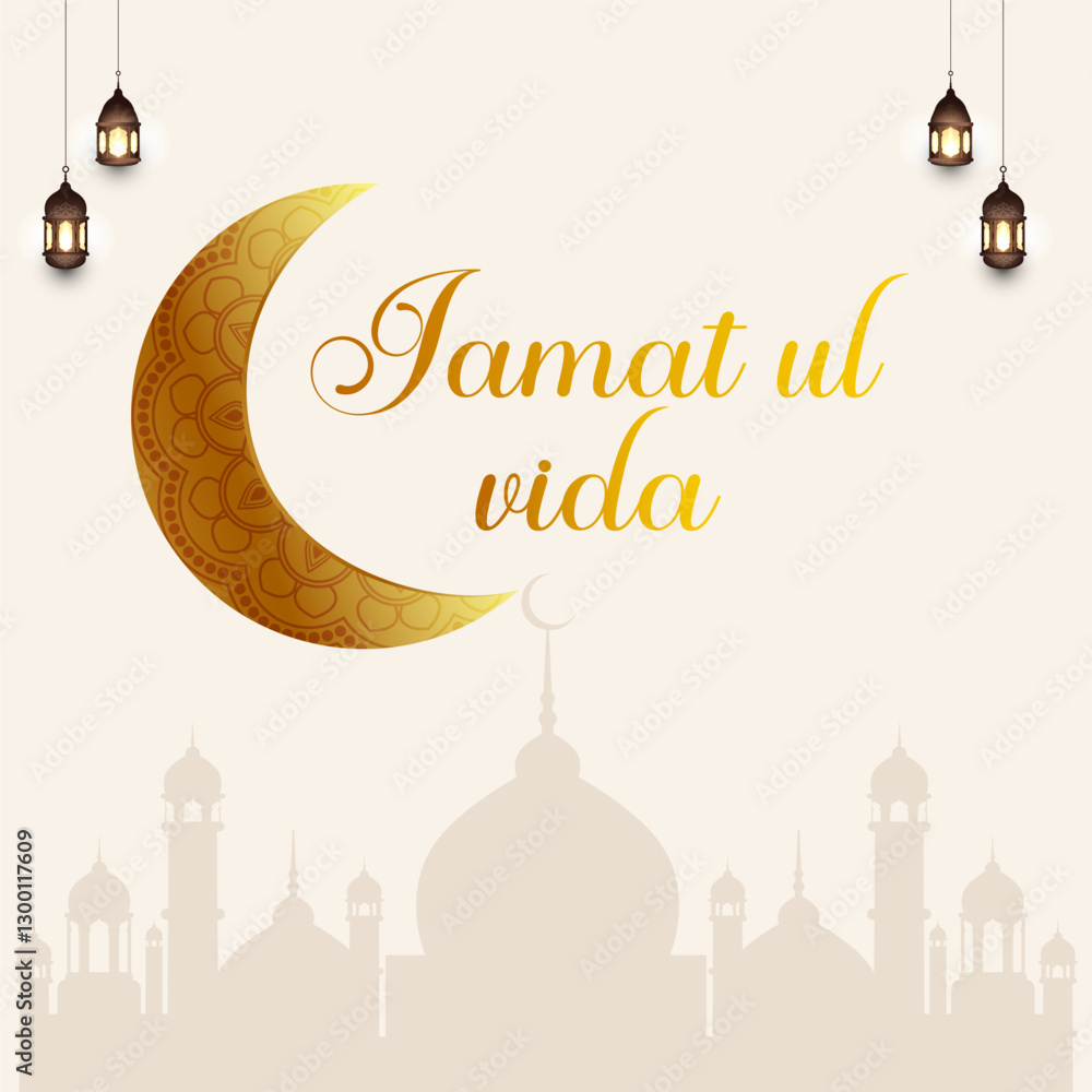Elegant Jamat ul Vida Greeting Card with Decorative Crescent Moon Hanging Lanterns and Mosque Silhouette Spiritual and Festive Ramadan Farewell Concept Elegant Jamat ul Vida Greeting Card with Decorative Crescent Moon Hanging Lanterns and Mosque Silhouette Spiritual and Festive Ramadan Farewell Concept