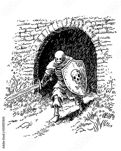 Skeleton warrior emerges from dark tunnel, ready for battle with sword and shield