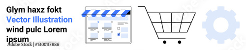 E-commerce storefront with blue and white awning, shopping cart, gear icon representing online shopping, business tools, and technology. Ideal for online retail, e-commerce solutions, shopping