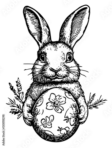 Cute rabbit holding an Easter egg decorated with flowers in a simple line art style