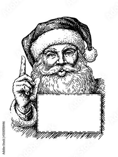 Celebrating holiday spirit with a classic illustration of Santa holding a blank sign for messages or holiday wishes