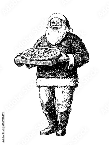 Santa Claus joyfully serving a pizza during the festive season in a cozy winter setting