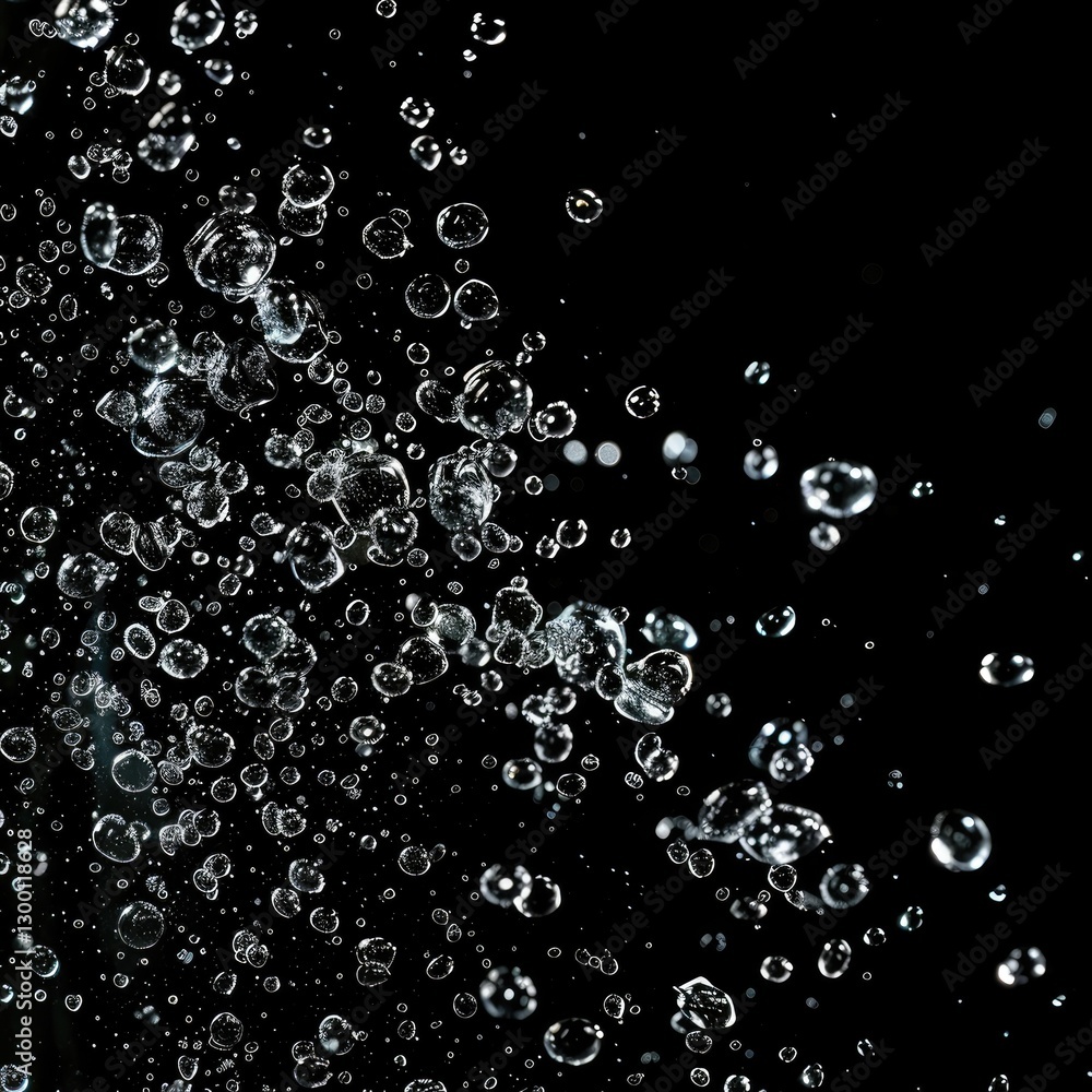 Close-up of water droplets on a black surface with a bokeh effect. The image turns out to be contrasting, embodying freshness and clarity. Close-up of water droplets on a black surface with a bokeh effect. The image turns out to be contrasting, embodying freshness and clarity.