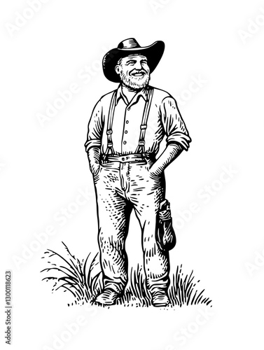 Smiling man in a wide-brimmed hat standing confidently in a grassy field during daylight hours