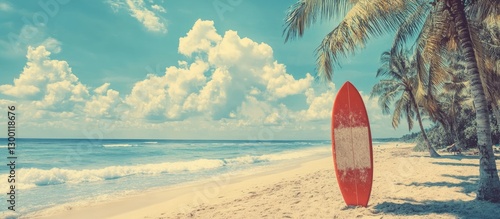 Wallpaper Mural Vibrant tropical beach scene featuring a red surfboard on golden sand with palm trees, turquoise water, and fluffy clouds under a bright sky. Torontodigital.ca