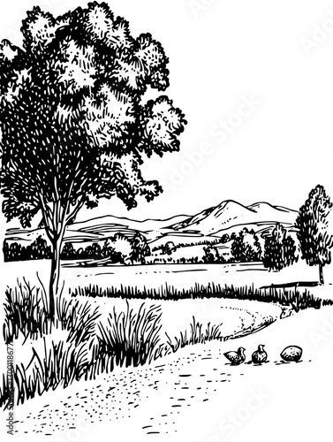 Serene countryside landscape with trees and hills during a clear day