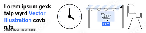 Clock, storefront with shopping cart and buy button, and a minimalist chair. Ideal for retail, time management, e-commerce, online shopping, efficiency, digital business flat landing page banner