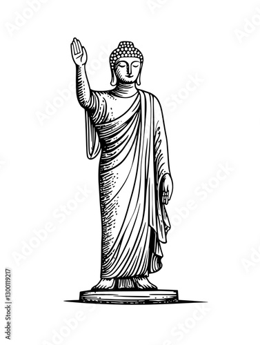 Statue of Buddha with raised hand symbolizing peace and serenity in a serene setting