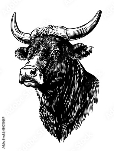 Powerful bull with impressive horns depicted in detailed black and white illustration