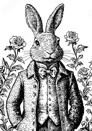Elegant rabbit stands amid blooming roses in a vintage illustration featuring anthropomorphic character attire