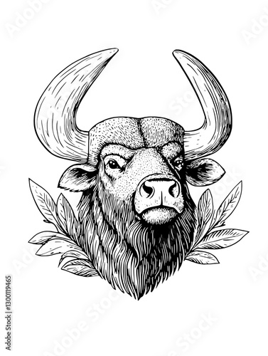 Detailed illustration of a bull's head surrounded by leaves conveying strength and nature